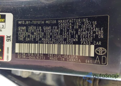 2016 Toyota Corolla Le Eco from USA, damaged, VIN 2T1BPRHE5GC686335